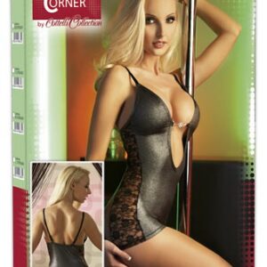 MINI ABITO NERO LUCIDO CON BANDE IN PIZZO - immagine 5