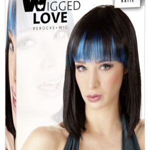 PARRUCA NERA TAGLIO LISCO CON FRANGE BLU "KATIE" - immagine 1