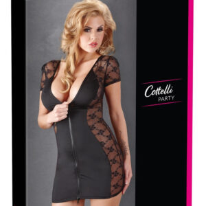 ABITO CORTO NERO IN TESSUTO ELASTICO E PIZZO ZIP FRONTALE - immagine 7