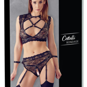 SET FETISH NERO CON TOP IN PIZZO, MANETTE E POLSINI  - COTTELLI BONDAGE - immagine 7