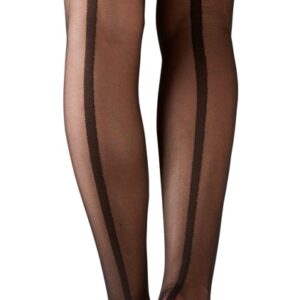 Calze autoreggenti con finitura in pizzo color argento e cucitura decorativa sul retro. - immagine 4