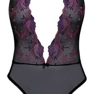 Body extra scollato di kissable realizzato in pregiato powernet nero con intricati ricami floreali - immagine 3