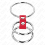 KINK - ANELLO PER PENE IN TRIPLO METALLO DA 3,7 CM A 5 CM COLLEGATO CON PELLE ROSSA - immagine 4