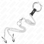 KINK - ANELLO PER PENE IN METALLO CROMATO TRIPLO DA 3 CM A 4,5 CM CON CATENA IN METALLO DA 26 CM E CLIP PER CAPEZZOLI - immagine 5