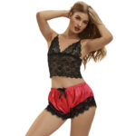SUBBLIME - 953959 CAMICIA DA NOTTE CASUAL IN SETA + PANTALONI IN PIZZO NERO/ROSSO S/M - immagine 3