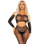 LEG AVENUE - CROP TOP E LEGGING A RETE CON STRASS NERO
