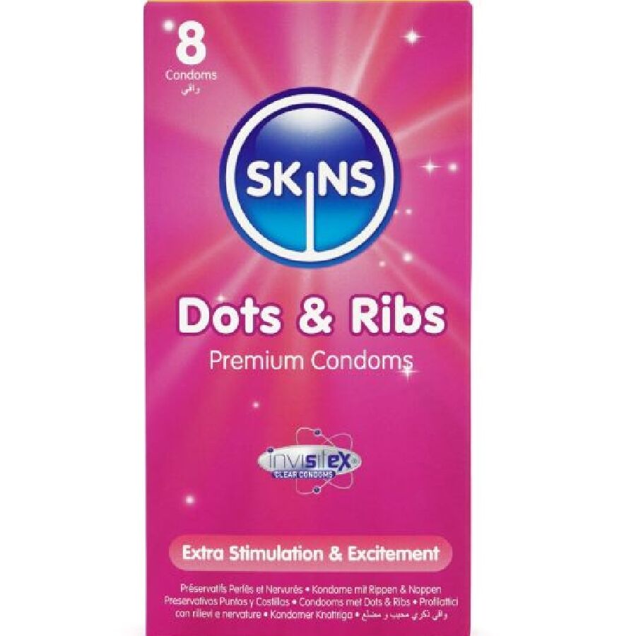 img_213479_2b367c5f26ca703186e541737ebc60bd_1.jpg SKINS - DOTS & RIBS PREMIUM CONDOMS CONFEZIONE DA 8 - immagine 1